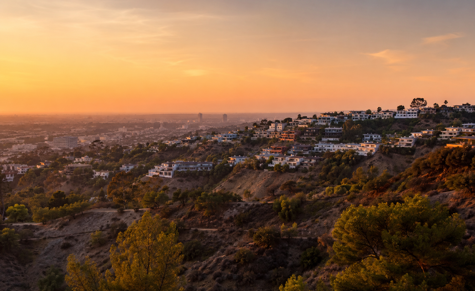 Los Angeles hillside homes at sunset